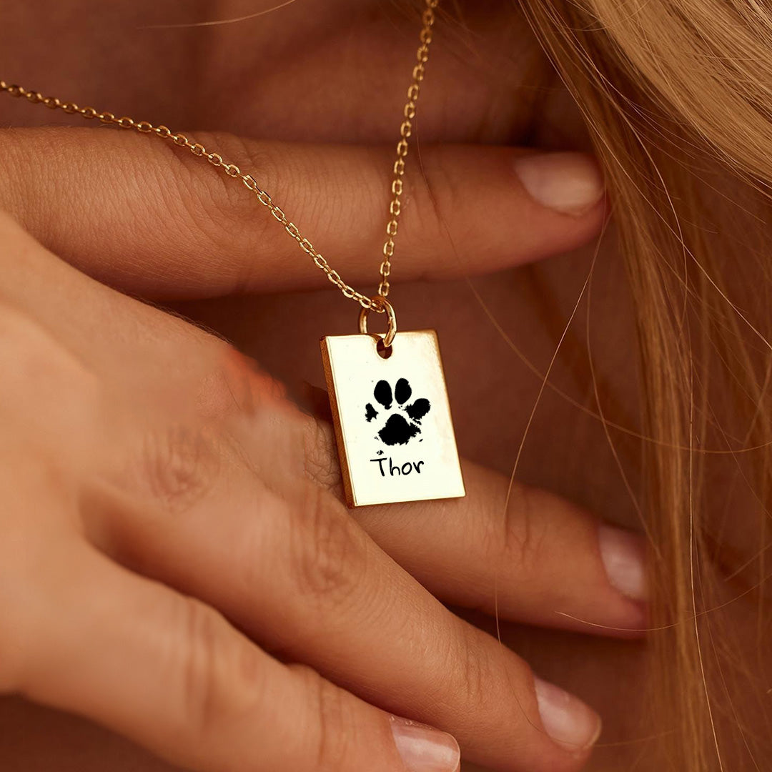 Colar retangular personalizado com pegada de animal de estimação banhado a ouro 18k